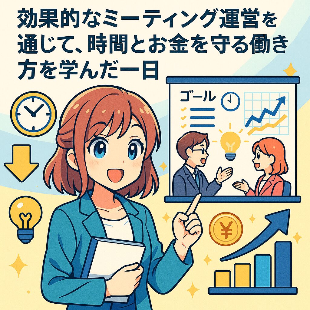 ノートPCを抱えたワーママ風の女性キャラクターが、会議中のグラフやチェックリスト、時計や円マークのアイコンに囲まれている、効果的なミーティング進行とタイムマネジメントをテーマにした生成AIアニメ風イラスト