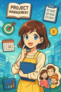 エプロン姿の主婦がクリップボードを持ち、カレンダーやチェックリスト、ターゲットアイコン、売上グラフ、家族のイラストに囲まれているスタイライズド・アニメ風の画像。プロジェクト管理入門、タスク管理、家事と育児の両立、生成AI時代の主婦の働き方をイメージしたビジュアル。