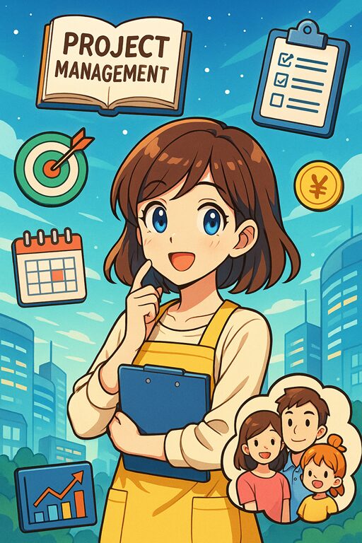 エプロン姿の主婦がクリップボードを持ち、カレンダーやチェックリスト、ターゲットアイコン、売上グラフ、家族のイラストに囲まれているスタイライズド・アニメ風の画像。プロジェクト管理入門、タスク管理、家事と育児の両立、生成AI時代の主婦の働き方をイメージしたビジュアル。