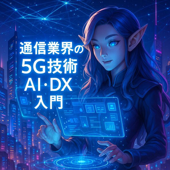未来都市を背景に、エルフの耳を持つキャラクターと光る通信ネットワークが描かれた「通信業界の5G技術×AI・DX」解説記事用3Dファンタジー風アイキャッチ画像