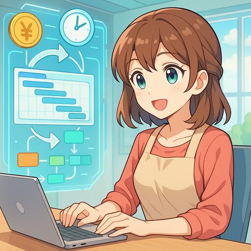 エプロン姿の主婦がノートPCでプロジェクトのタスク管理をしているスタイライズド・アニメ風イラスト。背後にガントチャートやフローチャート、時計とお金のアイコンが浮かび、家事・育児と仕事を両立しながら生成AIやITツールでプロジェクト管理をしている様子を表現している。