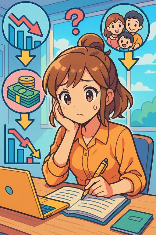 ノートとノートPCを前に、家計とプロジェクトリスク管理について悩みながら考える主婦が描かれたスタイライズド・アニメ風イラスト。グラフの下降矢印やお金のアイコン、家族の笑顔のアイコンが浮かび上がり、生成AI時代のITプロジェクトと家計管理のリスクを象徴している。