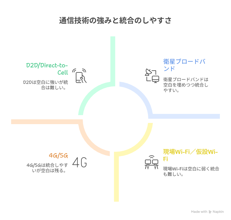 横軸に「運用統合のしやすさ」、縦軸に「通信空白への強さ」を取った2軸のポジションマップ。衛星ブロードバンド、D2D、衛星IoT、4G/5G、光回線、現場Wi-Fiなどを配置し、どの手段がどの課題に強いかを示している図。