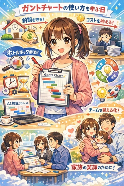 代替テキスト（Alt） 未来的で明るい背景のアニメ風イラスト。ガントチャート、WBS、マイルストーン、改善サイクル、チーム共有と家族時間を象徴する要素が描かれている
