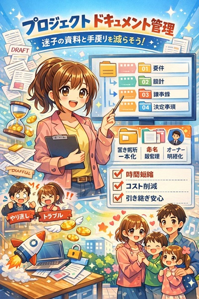 アニメ風の主婦がプロジェクトドキュメント管理を学び、フォルダ構成の一本化、命名規則、版管理、オーナー明確化で手戻りとコストを減らすイラスト