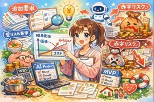 主婦がAI活用プロジェクトの価値とコストを見える化し、受け入れ基準・MVP・WBSで追加要望と赤字リスクを管理するアニメ風イラスト