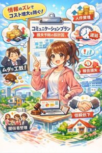アニメ風の主婦キャラクターが「コミュニケーションプラン（損失予防の設計図）」のボードを指さし、遅延・人件費増・機会損失・信頼低下などのリスクをアイコンで可視化しているイラスト
