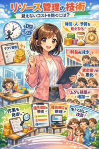 主婦がITコンサルで学んだリソース管理の技術を、タスク管理・工数管理・予算の見える化で解説したアニメ風インフォグラフィック