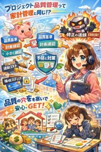 主婦が生成AI案件のプロジェクト品質管理を家計管理に例えて解説するアニメ風イラスト。品質基準、計画確認、小さく検証（MVP/PoC）、予防と対策、修正の連鎖（スコープクリープ）、追加コスト、検収ストップ、安心を得る流れが描かれている。