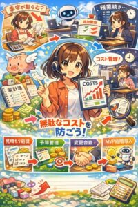 スタイライズド・アニメ風の主婦キャラクターが、予算管理・見積前提・変更合意・MVP導入を示すアイコン（家計簿、コイン、グラフ、握手、ロボット）とともに、生成AI案件のコスト管理で赤字と手戻りを防ぐ内容を解説しているイラスト。