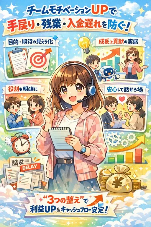 ヘッドセットを付けた主婦パート風のアニメキャラが、目的と期待の見える化、成長と貢献の実感、役割の明確化、安心して話せる場を示し、手戻り・残業・入金遅れ防止と利益UPを伝える未来的インフォグラフィック