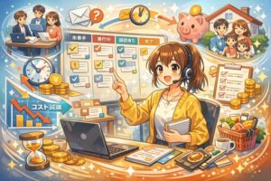 ヘッドセットを付けた主婦がノートPC前でカンバンボード（未着手・進行中・確認待ち・完了）を指し、コスト削減や家計改善を示すコイン、時計、家族、買い物かごのシンボルが周囲に描かれたアニメ風イラスト