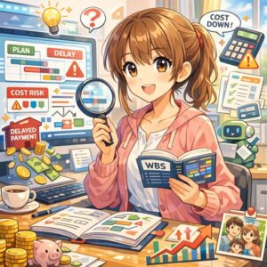 に向かうアニメ風の女性（主婦イメージ）の背後に、ガントチャートのようなカラーバーが表示された大きな画面が並び、プロジェクト計画ソフトウェアで進捗管理とタスク管理をしている様子。