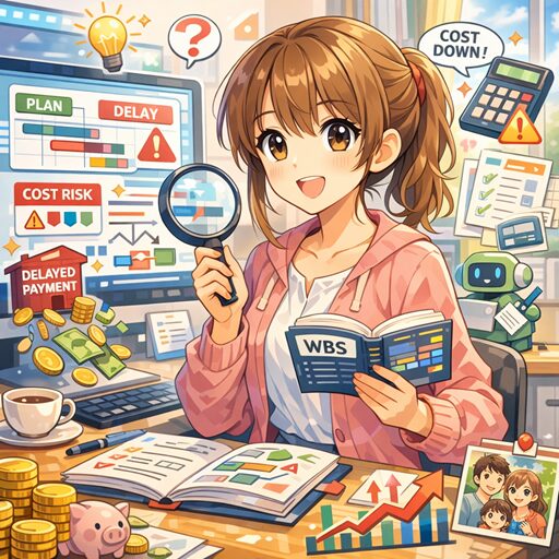 に向かうアニメ風の女性（主婦イメージ）の背後に、ガントチャートのようなカラーバーが表示された大きな画面が並び、プロジェクト計画ソフトウェアで進捗管理とタスク管理をしている様子。