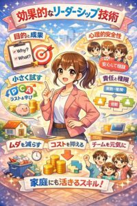 主婦向けに、目的と成果・心理的安全性・小さく試す・責任と権限の4要素をアニメ風で図解し、ムダ削減とコスト管理、チーム活性を表現したリーダーシップのインフォグラフィック