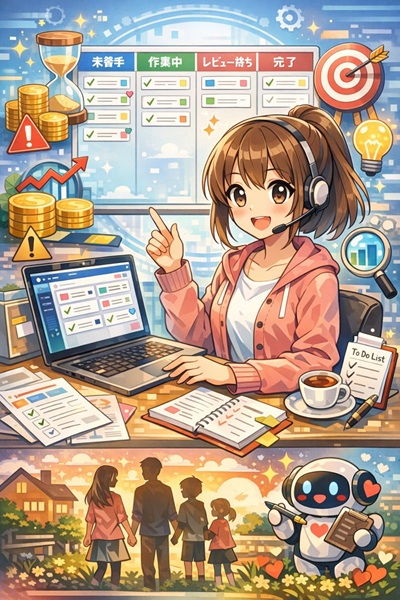 笑顔の主婦アニメキャラが、カラフルなタスクカードの並ぶ未来的なボードでToDoを整理。家事と仕事の両立をイメージする家アイコンと時計、AIの光が描かれている。