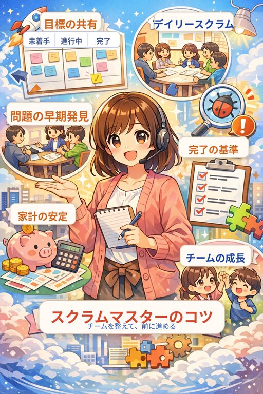 スクラムマスターのコツを紹介するアニメ風インフォグラフィック。中央にメモ帳を持つ女性が描かれ、周囲に「目標の共有」「デイリースクラム」「問題の早期発見」「完了の基準」「家計の安定」「チームの成長」の要素が配置されている。