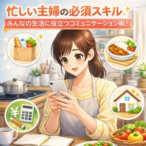 スマホを持つ主婦がキッチンで家事と仕事を両立しながら、コミュニケーション力アップを学ぶ様子を描いた日本語入りアニメ画像