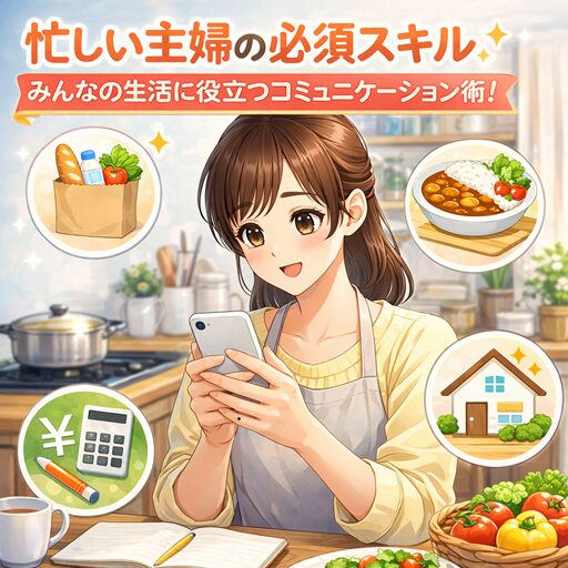 スマホを持つ主婦がキッチンで家事と仕事を両立しながら、コミュニケーション力アップを学ぶ様子を描いた日本語入りアニメ画像