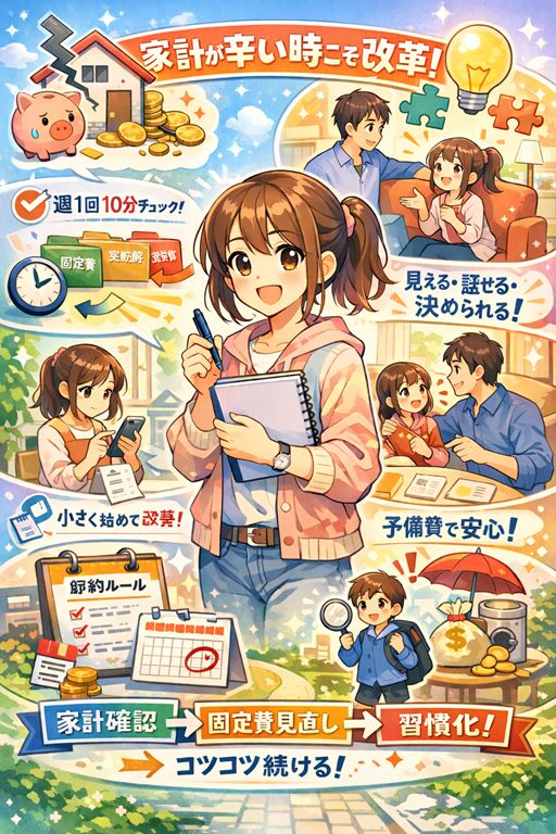 主婦が家計を週1回10分でチェックし、固定費見直しと予備費づくりを家族と進める手順を描いたアニメ風インフォグラフィック