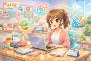 アジャイル実践技術を学ぶ主婦が、自宅のワークスペースでノートパソコンを使いながら業務改善や家計管理を学ぶ、明るいアニメ風イラスト。左上に「小さく試す」の文字が入り、生成AI、DX、リスキリング、成長のイメージをやさしく表現している。