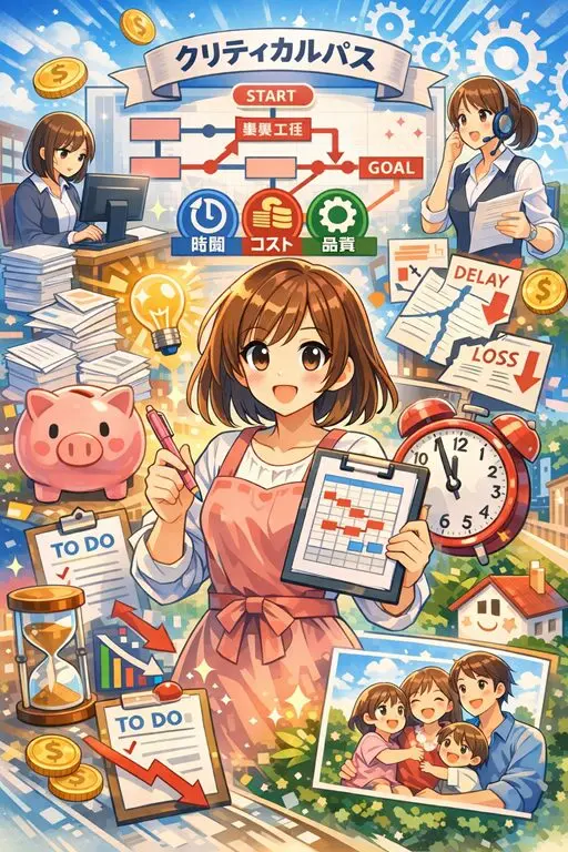 エプロン姿の女性が、時間・コスト・品質を示す図表や家計管理のシンボルを見ながら、クリティカルパス分析とプロジェクト管理を学ぶアニメ風イラスト