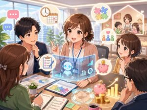 主婦のパート社員がAIを活用したチームビルディングで、情報共有や信頼関係、財務意識を学ぶアニメ風イラスト