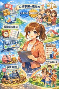 公共セクターのプロジェクト管理をテーマに、合意形成や説明責任、予算管理、段階的な検証を表現したアニメ風イラスト。主婦視点で分かりやすく業務改善やDXの流れを描いている。