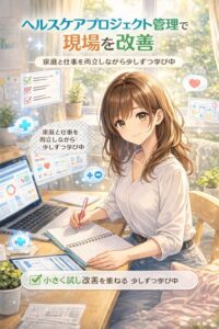 明るい自宅のワークスペースで、30代の主婦がノートPCとノートを使いながらヘルスケアプロジェクト管理を学んでいるアニメ風イラスト。医療DX、生成AI活用、業務改善、品質向上、コスト管理をイメージしたやさしいUIや医療アイコンが周囲に浮かんでいる。