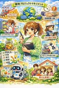 環境プロジェクトマネジメントをテーマに、主婦目線の女性キャラクターがクリップボードを持ち、AI活用、PDCA、ライフサイクルコスト、ムダ削減、持続可能な未来を象徴する要素に囲まれたアニメ風イラスト