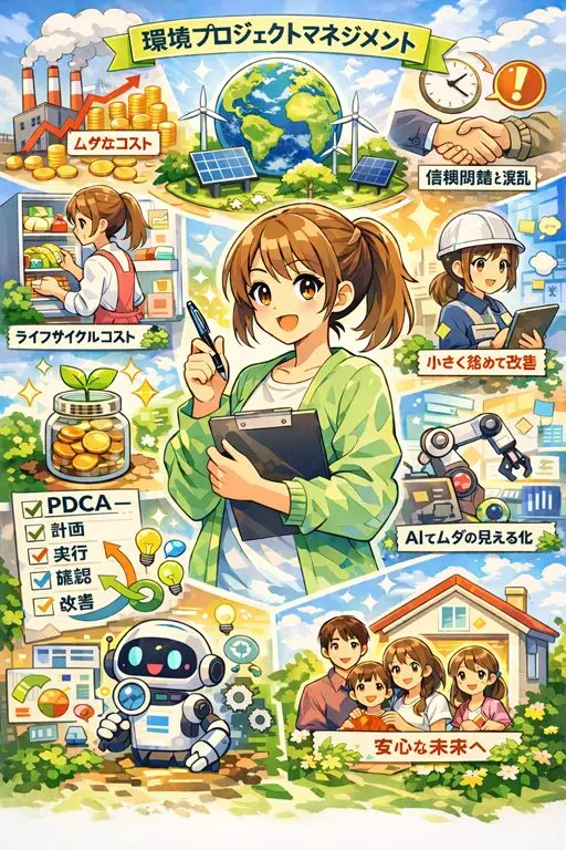環境プロジェクトマネジメントをテーマに、主婦目線の女性キャラクターがクリップボードを持ち、AI活用、PDCA、ライフサイクルコスト、ムダ削減、持続可能な未来を象徴する要素に囲まれたアニメ風イラスト