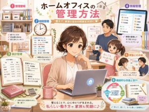 主婦向けのホームオフィス管理方法を紹介するスタイライズド・アニメ風イラスト。整理整頓、時間管理、家計管理、情報管理、家族との共有、継続的な改善と学びをわかりやすく表現した在宅ワーク向け画像。