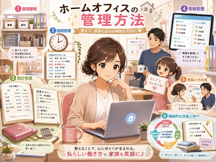 主婦向けのホームオフィス管理方法を紹介するスタイライズド・アニメ風イラスト。整理整頓、時間管理、家計管理、情報管理、家族との共有、継続的な改善と学びをわかりやすく表現した在宅ワーク向け画像。