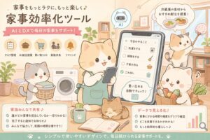 家事効率化ツールを使う猫のアニメキャラクターたちが、タスク管理、AI献立提案、買い物リスト、家族共有、リマインド、家事データの見える化で毎日の家事をラクにする様子を描いたパステル調のイラスト。