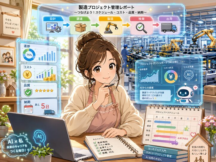 主婦がノートPCで製造業のプロジェクト管理を学び、進捗・コスト・品質・納期をAIダッシュボードで確認するアニメ風イラスト