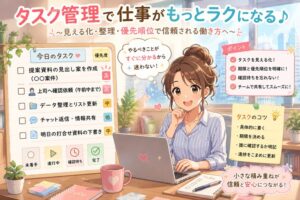 明るいオフィスで女性がノートパソコンを使いながら、タスク管理ボードで期限・優先順位・確認待ちを整理しているアニメ風イラスト。