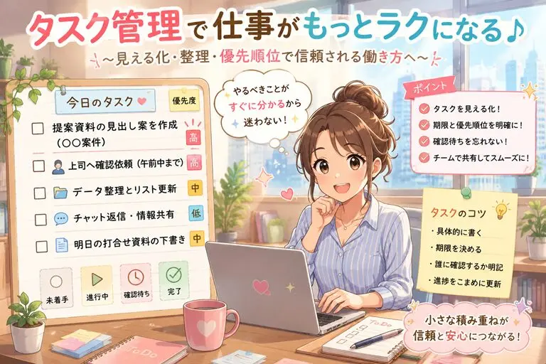 明るいオフィスで女性がノートパソコンを使いながら、タスク管理ボードで期限・優先順位・確認待ちを整理しているアニメ風イラスト。