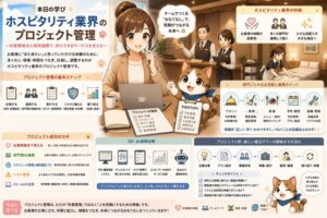 ホテルのロビーや客室を背景に、女性キャラクターと猫のアニマルキャラクターが、ホスピタリティ業界のプロジェクト管理を説明しているアニメ風インフォグラフィック。お客様体験、現場連携、スケジュール管理、リスク管理、DX・AI活用をわかりやすく表現している。