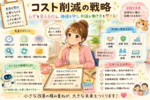 明るいオフィスで女性キャラクターがノートを取りながら、コスト削減の戦略を整理しているアニメ風イラスト。時間のムダ、重複作業、探す時間、確認不足、AI・DX活用、守るべき価値、利益改善などが、かわいい猫やロボットのキャラクターとともに分かりやすく表現されている。