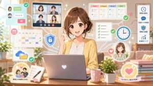 自宅でパソコンを使う主婦が、リモートワーク支援ツールを活用してタスク管理、情報共有、時間管理、セキュリティ対策を行い、仕事と家庭を両立しているアニメ風イラスト