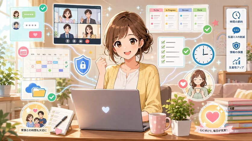 自宅でパソコンを使う主婦が、リモートワーク支援ツールを活用してタスク管理、情報共有、時間管理、セキュリティ対策を行い、仕事と家庭を両立しているアニメ風イラスト