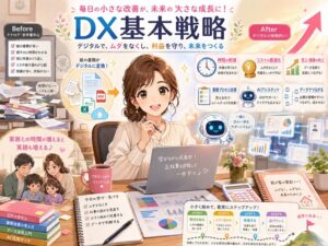 主婦がDX基本戦略を学び、生成AIやデータ活用で紙の作業を効率化し、コスト削減や業務改善を目指すアニメ風イラスト