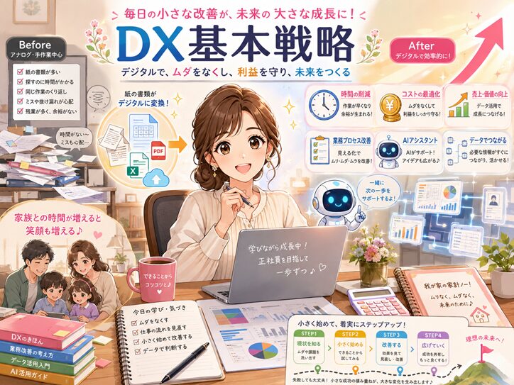 主婦がDX基本戦略を学び、生成AIやデータ活用で紙の作業を効率化し、コスト削減や業務改善を目指すアニメ風イラスト