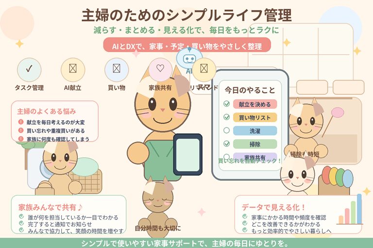 主婦向けのシンプルライフ管理をテーマに、猫のキャラクターたちがスマホの家事効率化ツールで献立、買い物リスト、洗濯、掃除、家族共有、リマインドを管理し、家事を見える化している明るいアニメ風イラスト。