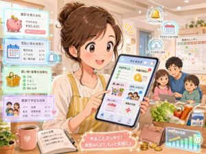 主婦が個人向けタスク管理アプリで家計管理、支払い予定、買い物リスト、家族共有タスクを確認している明るいアニメ風イラスト