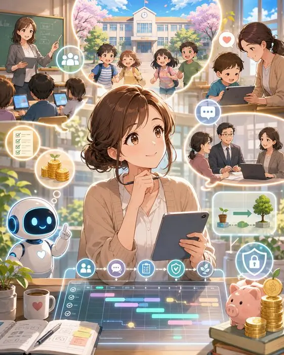 タブレットを持つ主婦が、学校・子供・先生・AIロボット・予算管理・セキュリティ・進行表を見ながら、教育DXと生成AIを活用したプロジェクトマネジメントを学ぶスタイライズド・アニメ風イラスト