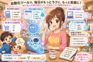 主婦が自動化ツールを使い、家計管理、買い物リスト、支払い通知、家族予定、仕事の報告を効率化している明るいアニメ風イラスト