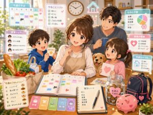 家計ノートと週間予定表を囲み、家事分担、子育て、健康管理、貯蓄について家族で話し合う主婦を中心に描いたスタイライズド・アニメ風イラスト