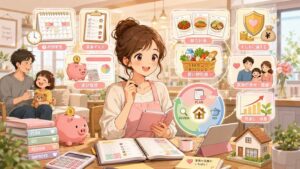 明るいキッチンで主婦が手帳とタブレットを使い、家計管理、時間管理、献立、買い物、家事タスクを計画しているスタイライズド・アニメ風イラスト