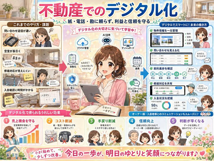 主婦目線の女性キャラクターがタブレットを使い、不動産業務のデジタル化によって問い合わせ対応、空室管理、契約進捗、修繕対応、入金確認を見える化し、売上機会・コスト削減・信頼向上を学ぶ明るいアニメ風イラスト。